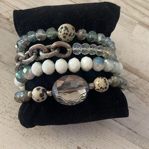 Four Strand Multicolored Speckled Beads & Silver Chain Link Gem Bracelet.